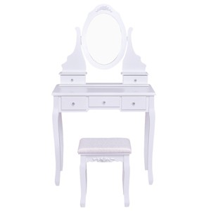 Tangkula Oval Vanity Mirror Dressing Table Beauty Dresser Cosmetics Organizer w/ Cushioned Bench - 1 of 4