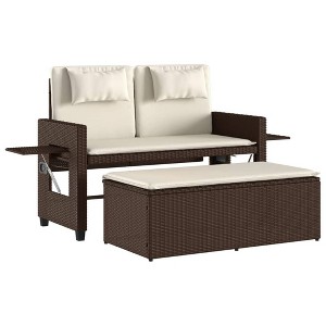vidaXL Reclining Patio Bench/Sofa Bed with Cushions - Brown Poly Rattan, Foldable Side Tables, UV-Resistant, Adjustable Backrest - 1 of 4