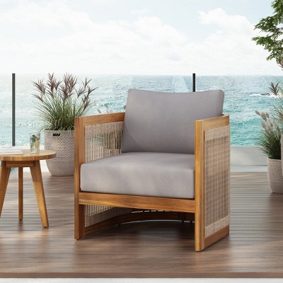 Acacia Wood Outdoor Club Chair with Curved Tub Design,Woven Rope Accents and Water-Resistant Cushions for Patio – The Pop Home