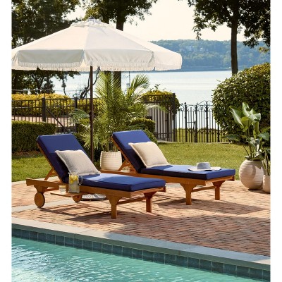 Natural Eucalyptus Wood Chaise Lounge with Navy Cushions