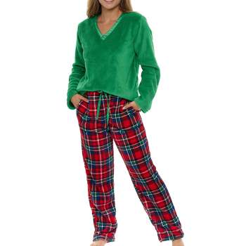 ADR Women's Soft Warm Fleece Pajamas Lounge Set, Long V Neck Top and Pants, PJ