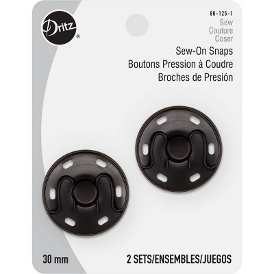 Dritz Set of 2 30mm Sew-On Snaps Black: Brass Sewing Fasteners, Metal Snaps for Sewing, 2 Pieces
