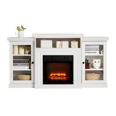 60 Inch Entertainment Center, Farmhouse TV Cabinet with 2 Glass Door, Console Table for Living Room, White