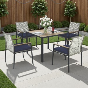 5-Piece Outdoor Patio Rattan Dining Set with Stackable Chairs, 35" Acacia Wood Table Top with Umbrella Hole - 1 of 4