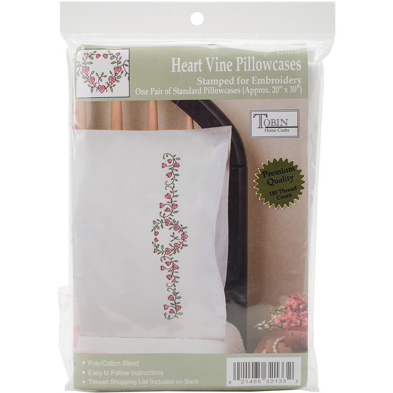 Tobin Stamped For Embroidery Pillowcase Pair 20"X30"-Heart Vine, 1 of 4