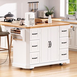 PexFix 56" Kitchen Island with Rubber Wood Veneer Drop Leaf & Power Outlet & 6 Deep Drawers Kitchen Cart on 4 Wheels for Kitchen Dining Room White - 1 of 4