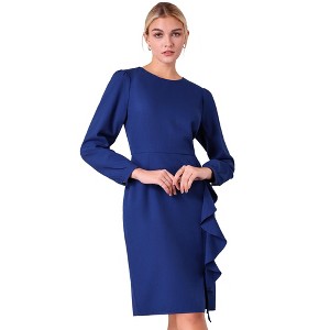 Hobemty Women's Wear to Work Round Neck Bracelet Sleeve Ruffle Front Pencil Dress - 1 of 4