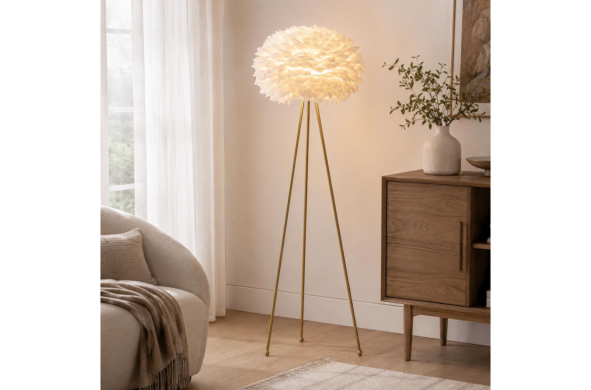 Maxax 60" Feather Tripod Floor Lamp, White Metal Standing Lamp with White Feather Shade for Bedroom Living Room