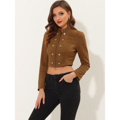 INSPIRE CHIC Women's Stand Collar Zip Up Faux Suede Cropped Jacket Small Brown — фото 5
