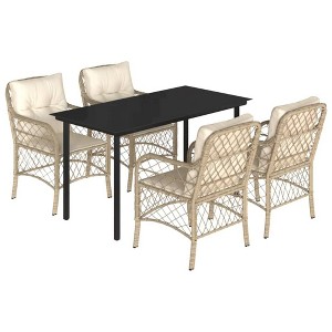 vidaXL 5 Piece Garden Dining Set with Cushions Beige Poly Rattan Outdoor Furniture Rectangular Table Comfortable Chairs for Patio Or Balcony - 1 of 4