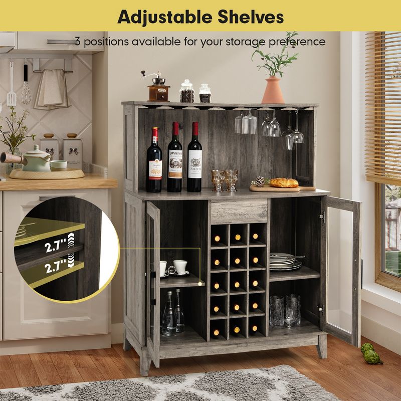 Costway 2-Door Buffet Bar Cabinet Kitchen Storage Sideboard Wine Rack Glass Holder Grey\Black, 5 of 11