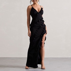 Coolmee Womens Sexy Halter Maxi Dress Sleeveless Spaghetti Strap Backless Ruffle Tassel Side Slit Party Club Dresses - 1 of 4
