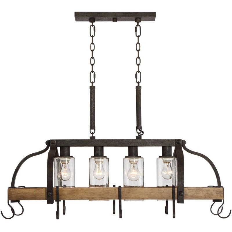 Franklin Iron Works Eldrige Bronze Faux Wood Pot Rack Linear Pendant Chandelier 36 1/2" Wide Rustic Farmhouse Seeded Glass 4-Light for Dining Room, 5 of 10