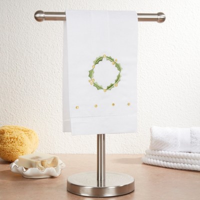 White Cotton Linen Holiday Hand Towels with Holly Leaf Embroidery, Set of 4