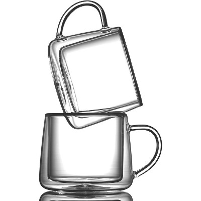 Double Walled Clear Glass Coffee Mugs with Handles - Set of 2