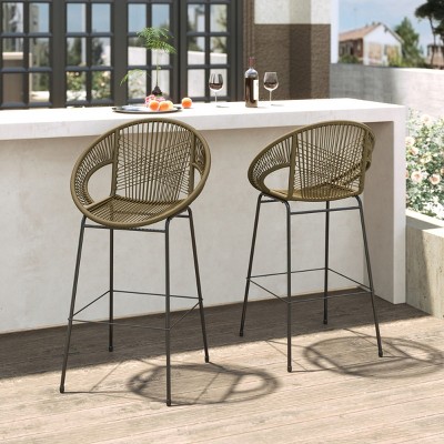 Outdoor PE Wicker Woven Barstools Set of 4,Patio Barstools with ron Frame,Modern Armrests Barstools for Poolside or Balcony-Coolbibila