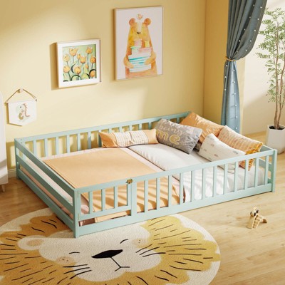 Costway Twin Size Floor Bed with Door & Fence with Safety