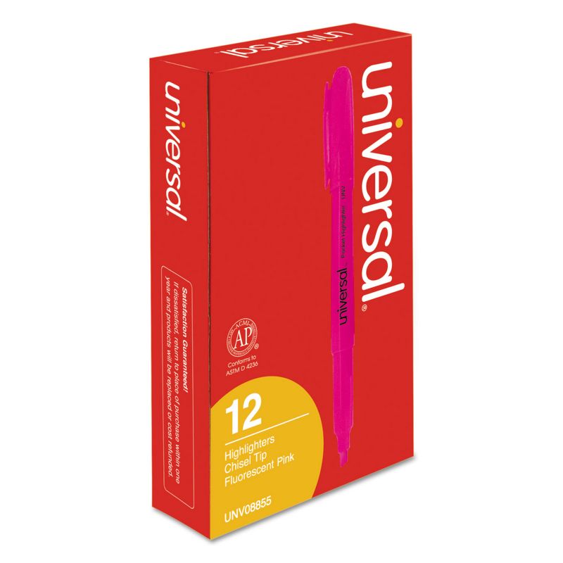 UNIVERSAL Pocket Clip Highlighter Chisel Tip Fluorescent Pink Ink Dozen 08855, 4 of 9