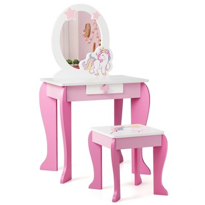 Costway Kids Vanity Makeup Dressing Table Chair Set Wooden with Mirror Drawer