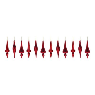 Red Ribbed Glass Finial Christmas Ornaments Set of 12