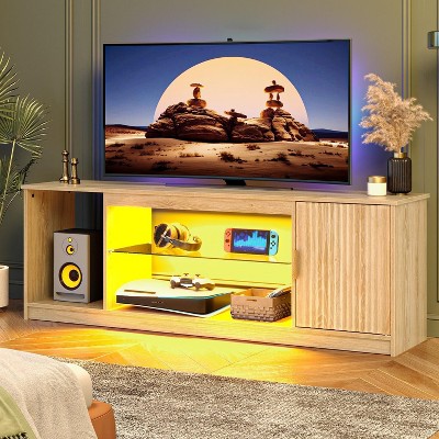 Bestier 57" Modern Media Console with Adjustable shelf, LED Fluted TV Stand for 65 Inch TV, Glossy TV Console with Cabinet