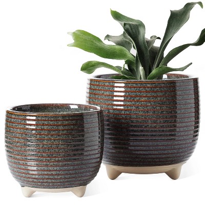 2-Pack Ceramic Plant Pots 5.1" & 6.4" - Succulent Plant Pots with Drainage Holes, Strainer, and Silicone Stopper - Indoor Planters
