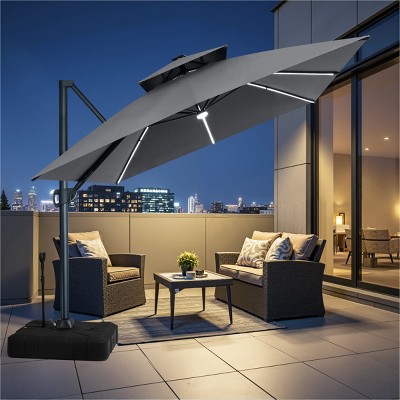 cheap 7 patio umbrellas JOYESERY 11 x 7 ft. Steel LED Large Double-Sided Rectangular Outdoor Market  Patio Umbrella with Crank in Anthracite J-MKLED330SG