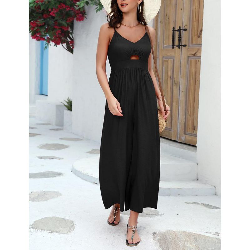 Women's Summer V Neck Spaghetti Strap Sleeveless Jumpsuits CutOut Smocked Long Wide Leg Rompers With Pockets, 4 of 7