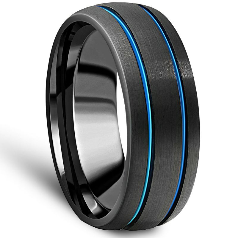 Pompeii3 Men's Black & Blue Two Line Tungsten Ring Brushed Ring 8mm Wedding Band, 2 of 5
