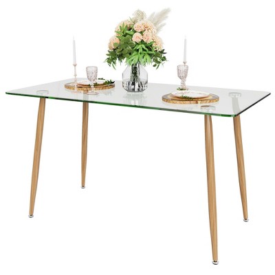 Costway Modern Glass Dining Table Rectangular Dining Room Table W/Metal Legs For Kitchen