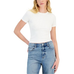 Hippie Rose Womens Ribbed Crew Neck Basic T-Shirt, Off-White, Medium - 1 of 1