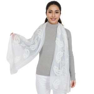 Anna-Kaci Women's Embroidered Floral Lace Scarf Solid Double Layered Faux Pearls Long Wrap Scarf - 1 of 4