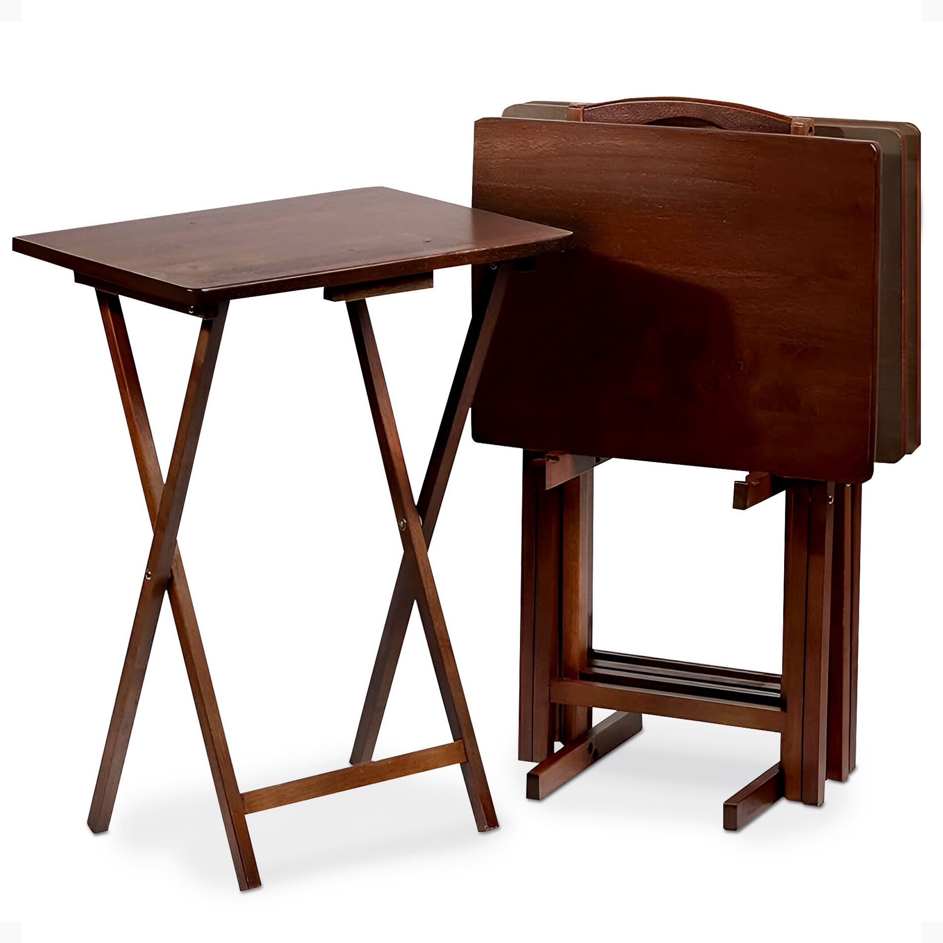 PJ Wood 19.09 x 14.57 x 26.00 Inch Folding TV Tray Tables with Compact Storage Rack, Solid Wood Construction, Walnut Brown Finish, 5 Piece Set