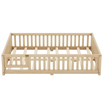 Bellemave Full Size Floor Bed with Slats and Center Support Bar, Full Size Floor Bed with Fence and Door, Natural