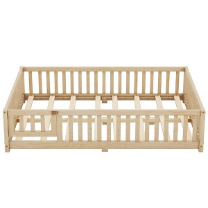 Bellemave Full Size Floor Bed with Slats and Center Support Bar, Full Size Floor Bed with Fence and Door, Natural - 1 of 4