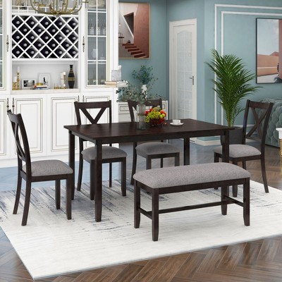 CAVINAS Dining Table Set for 6 Wooden Rectangular Dining Table with 4 Fabric Chairs and Bench for Kitchen