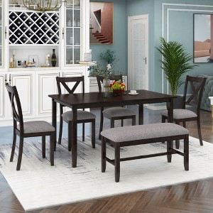 CAVINAS Dining Table Set for 6 Wooden Rectangular Dining Table with 4 Fabric Chairs and Bench for Kitchen - 1 of 4