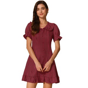 INSPIRE CHIC Women's Plaid Gingham Puff Sleeve Ruffle Peter Pan Collar Vintage Dress - 1 of 4