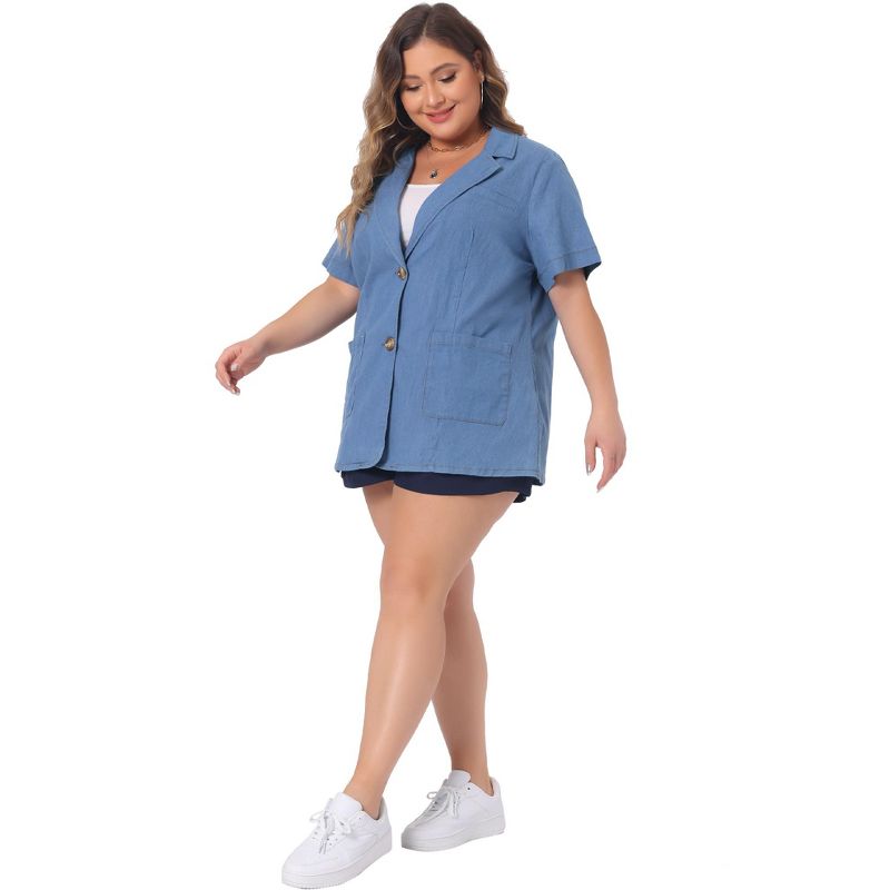 Agnes Orinda Women's Plus Size Notched Lapel Collar Short Sleeve Pocket Button Down Chambray Shirts, 3 of 6