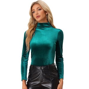 Allegra K Women's Solid Turtleneck Velvet Long Sleeve Work Basic Velour Blouse - 1 of 4