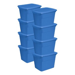 Sterilite 18 Gal Storage Tote, Stackable Bin with Lid, Plastic Container to Organize Clothes in Closet, Basement, Blue Summer Base and Lid, 8-Pack - 1 of 4