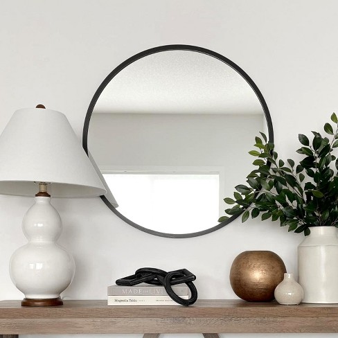 30 Inch Round Wall Mirror - Black Wood Frame, Tempered Shatterproof Glass, For Bathroom, Living Room, Entryway