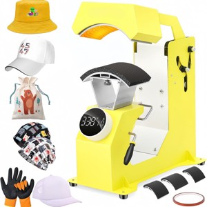 HOMDOX 3-in-1 Hat Press Auto Heat Machine w/3 Platens No Crease/Stick&One-Touch Easy Press for Cap T-Shirt Small HTV Iron on Vinyl Sublimation Yellow - 1 of 4