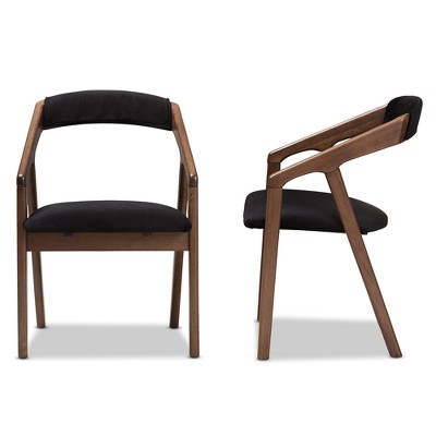 Elegant Mid-Century Modern Black Velvet and Walnut Wood Dining Chairs, Set of 2