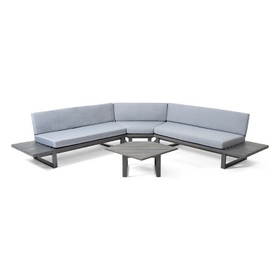 GDFStudio Woodrow Modern Outdoor Acacia Wood 5 Seater Sectional Sofa Set with Cushions