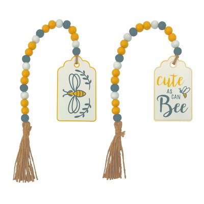 Transpac Wood Beaded Bee Decor Set of 2 Spring Home Decorations