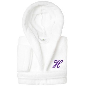 Personalized Linum Kids 100% Polyester SUPER PLUSH Double Brushed Hooded Bathrobe in Purple Script Font - 1 of 3