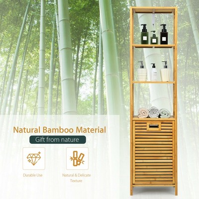 Costway Bathroom Tilt-out Laundry Hamper Bamboo Tower Hamper w/3-Tier Shelves, 6 of 11