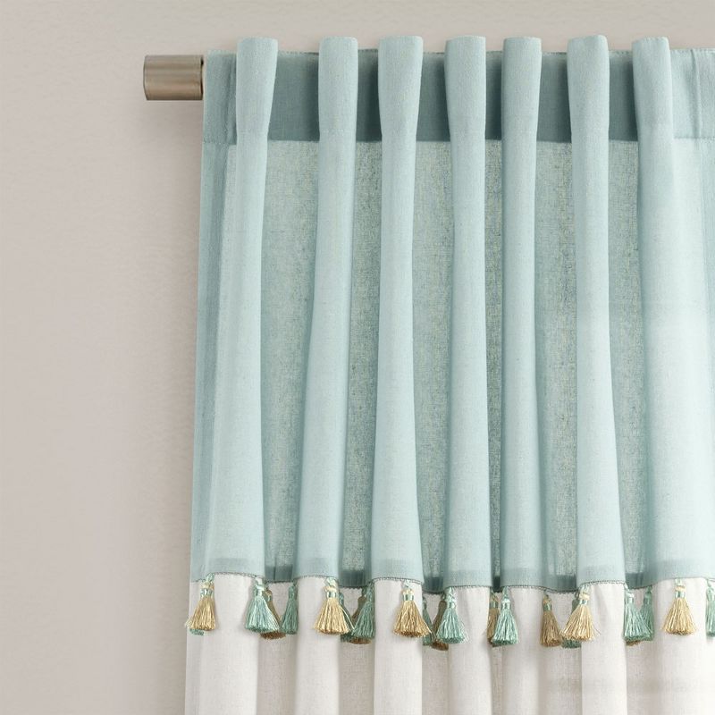 Boho Faux Linen Tassel Color Block Window Curtain Panel Blue/Off White 42X84 Set, 2 of 6