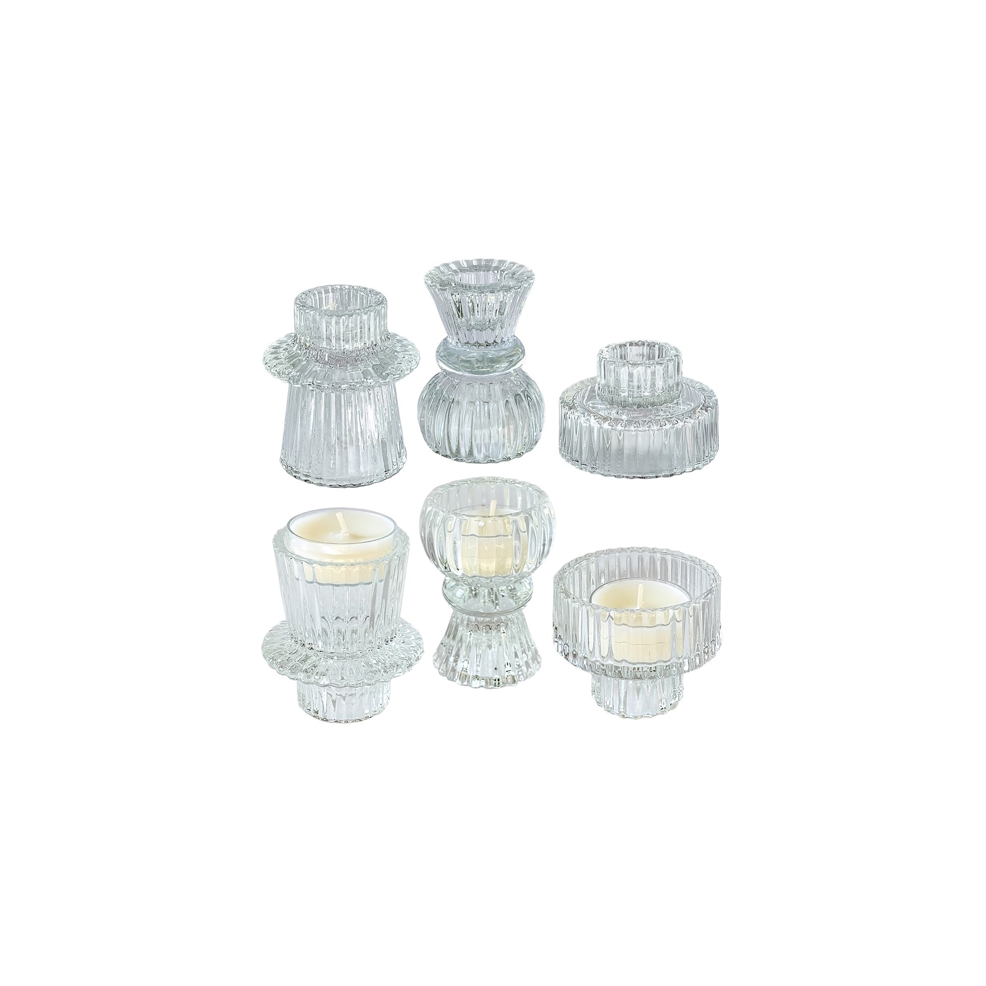 Kate Aspen Clear Ribbed Candlestick/Tealight Holders- Set of 6 | 27208CL